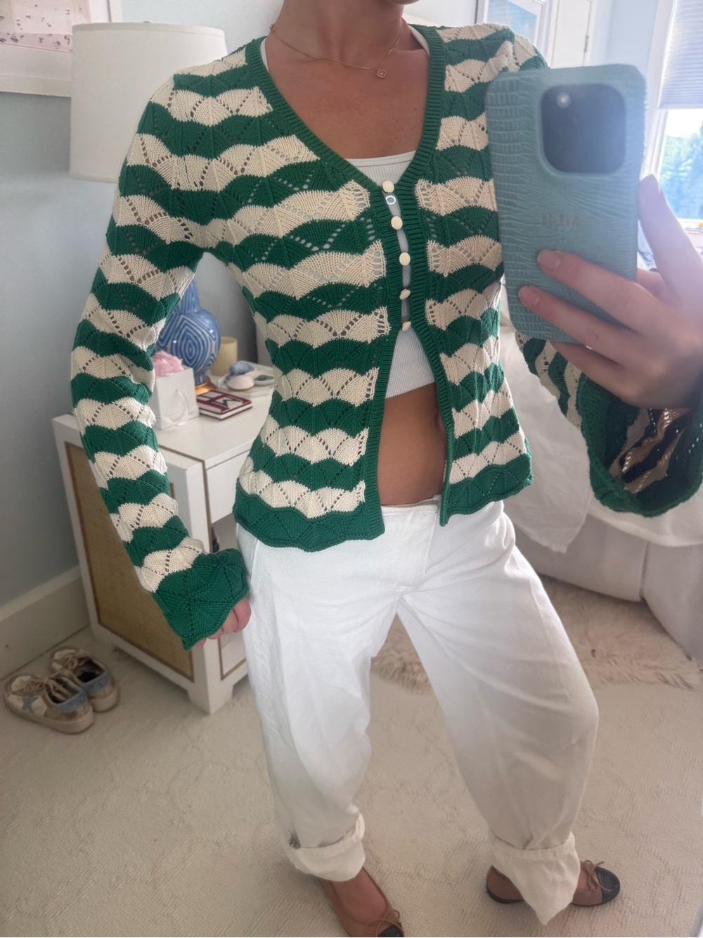 Misa green and white knit cardigan